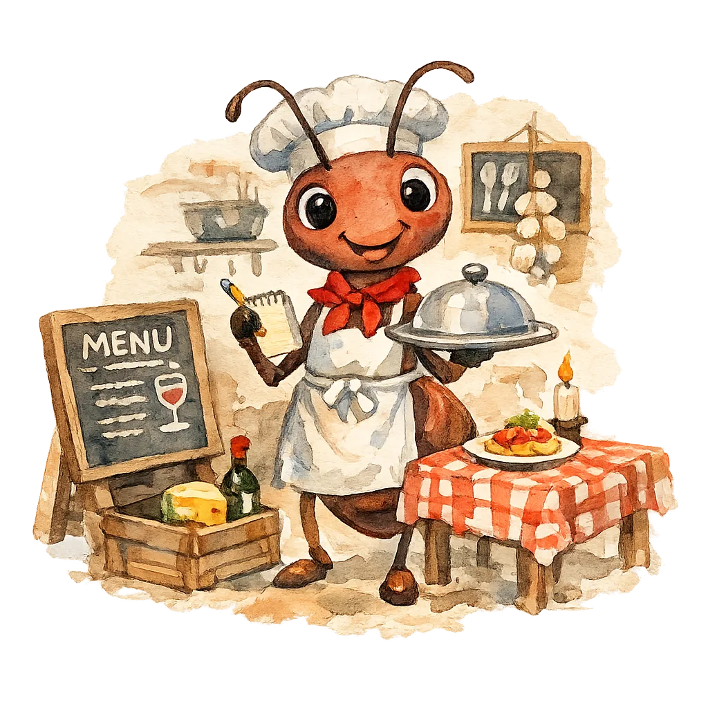 Ilustração em aquarela de uma formiga chef servindo o prato
