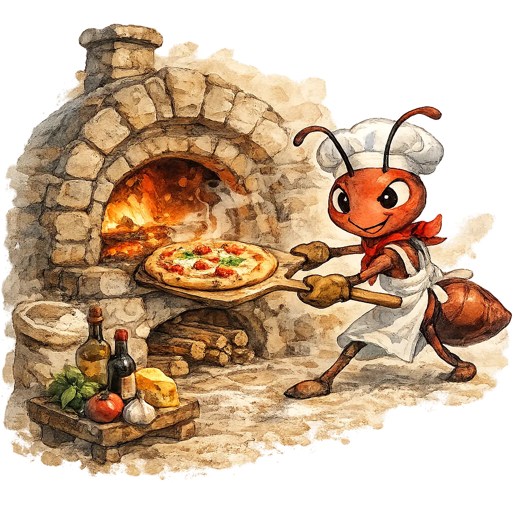 Ilustração em aquarela de uma formiga pizzaiola tirando a pizza do forno a lenha