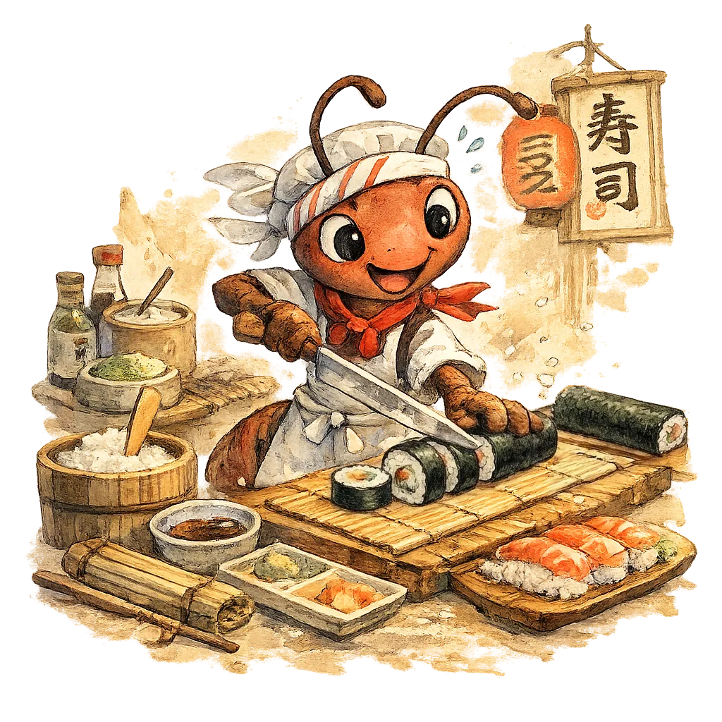 Ilustração em aquarela de uma formiga chef preparando sushi